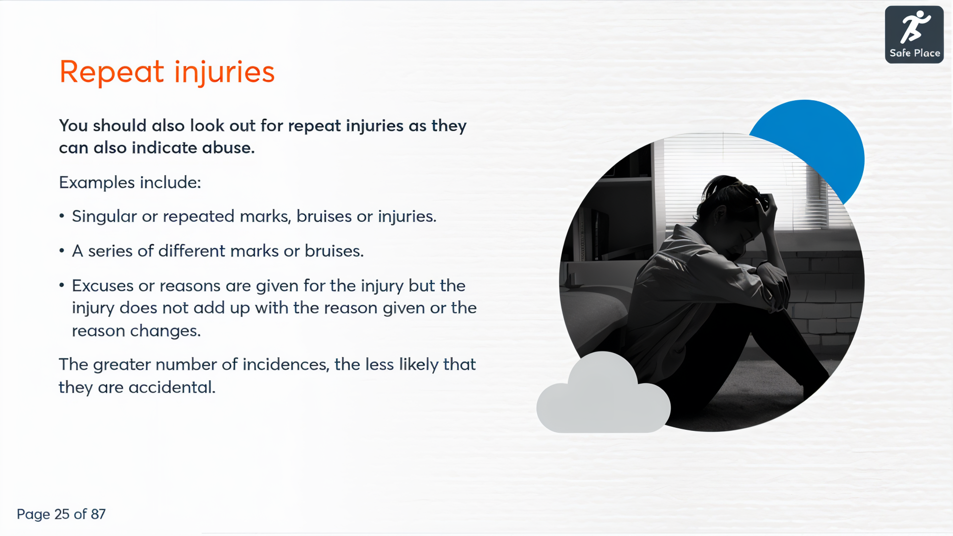 Safeguarding Adults Level 2 course example about repeat injuries